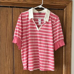 Talbots Pink and White Polo Top with Cuffed Sleeves